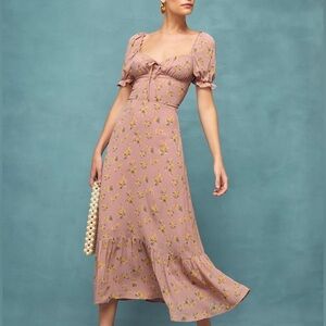 Reformation Floral Midi Dress in Pink and Yellow